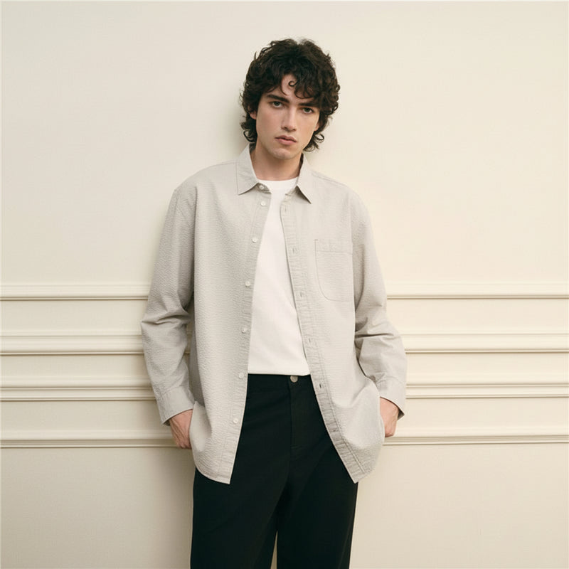 Giordano Men’s Relaxed Seersucker Long Sleeve Button Shirt - first_variant_option_2 Premium Shirt for Giordano