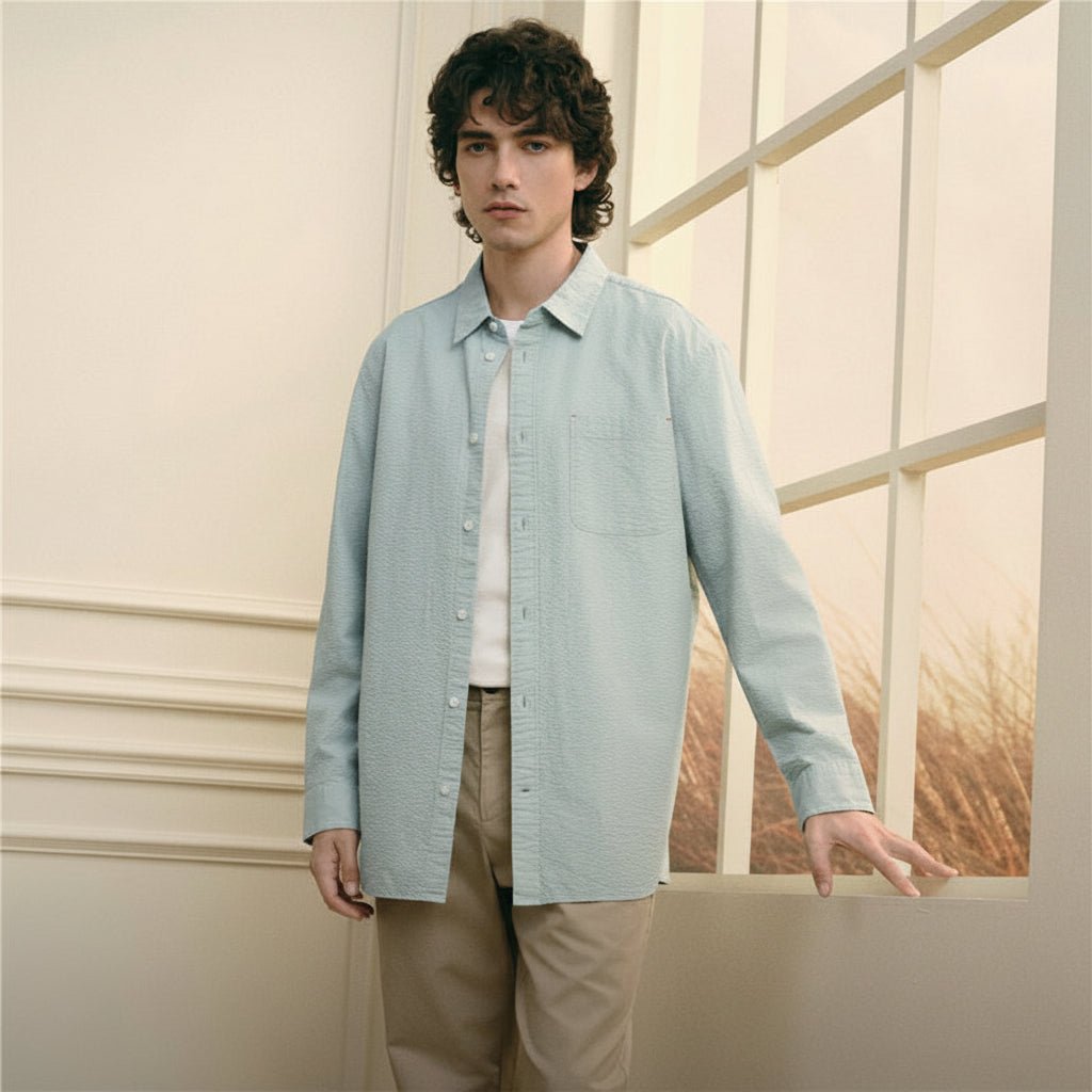 Giordano Men’s Relaxed Seersucker Long Sleeve Button Shirt - first_variant_option_2 Premium Shirt for Giordano