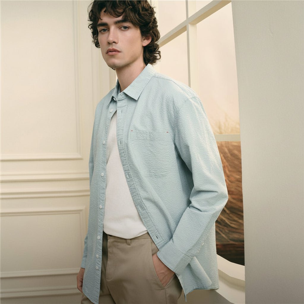 Giordano Men’s Relaxed Seersucker Long Sleeve Button Shirt - first_variant_option_2 Premium Shirt for Giordano