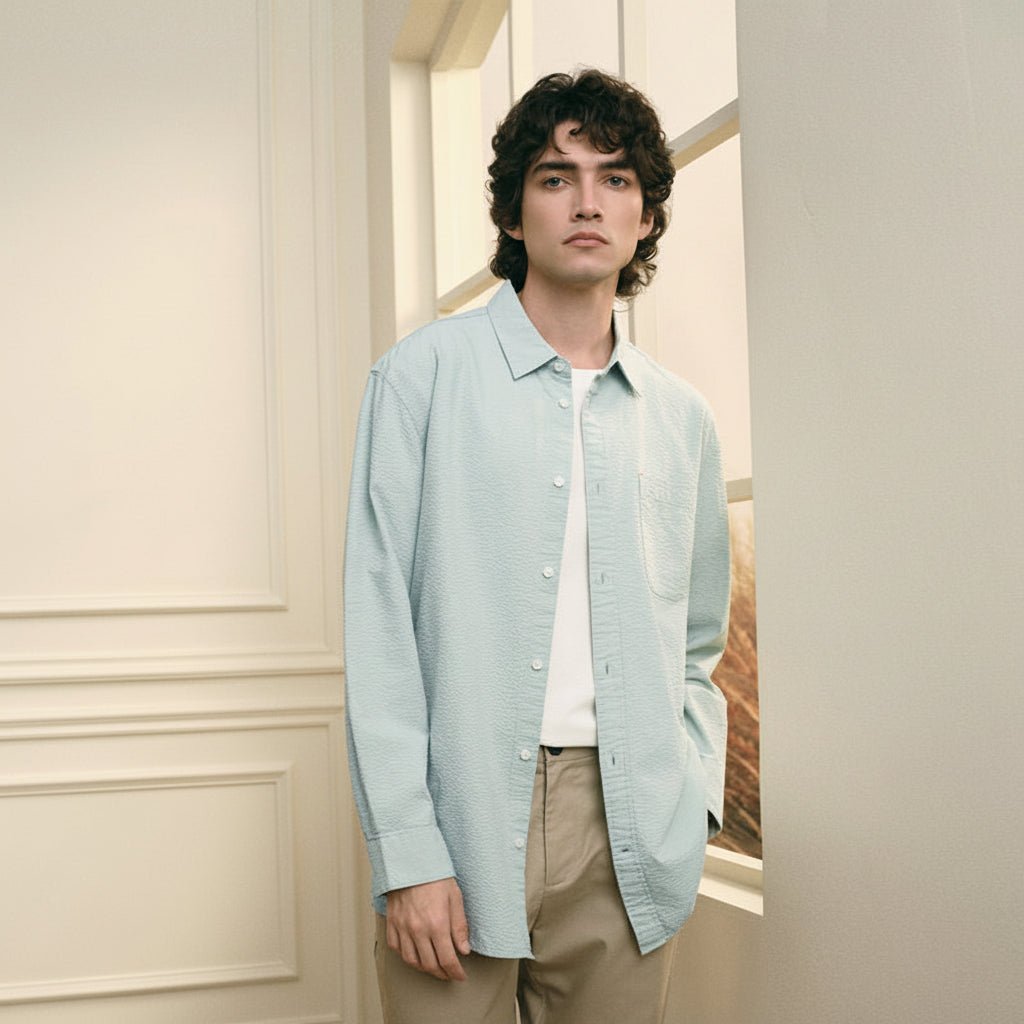 Giordano Men’s Relaxed Seersucker Long Sleeve Button Shirt - first_variant_option_2 Premium Shirt for Giordano