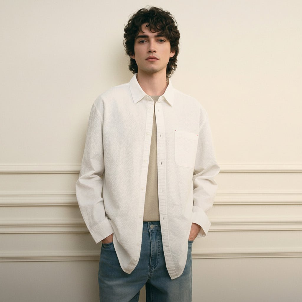 Giordano Men’s Relaxed Seersucker Long Sleeve Button Shirt - first_variant_option_2 Premium Shirt for Giordano