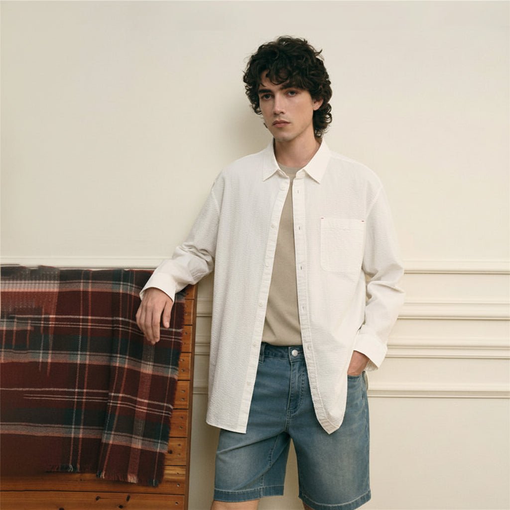 Giordano Men’s Relaxed Seersucker Long Sleeve Button Shirt - first_variant_option_2 Premium Shirt for Giordano