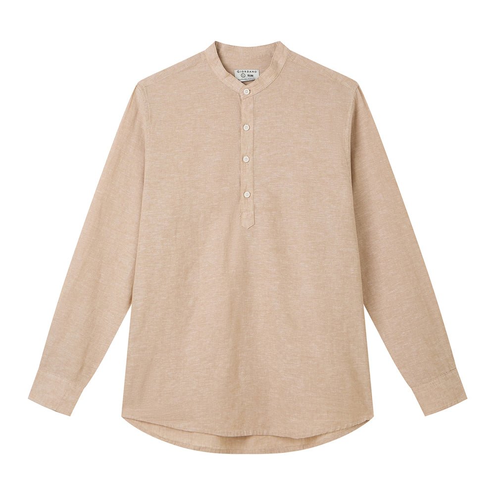 Giordano Men's Slim Linen Cotton Band Collar Shirt | Brown