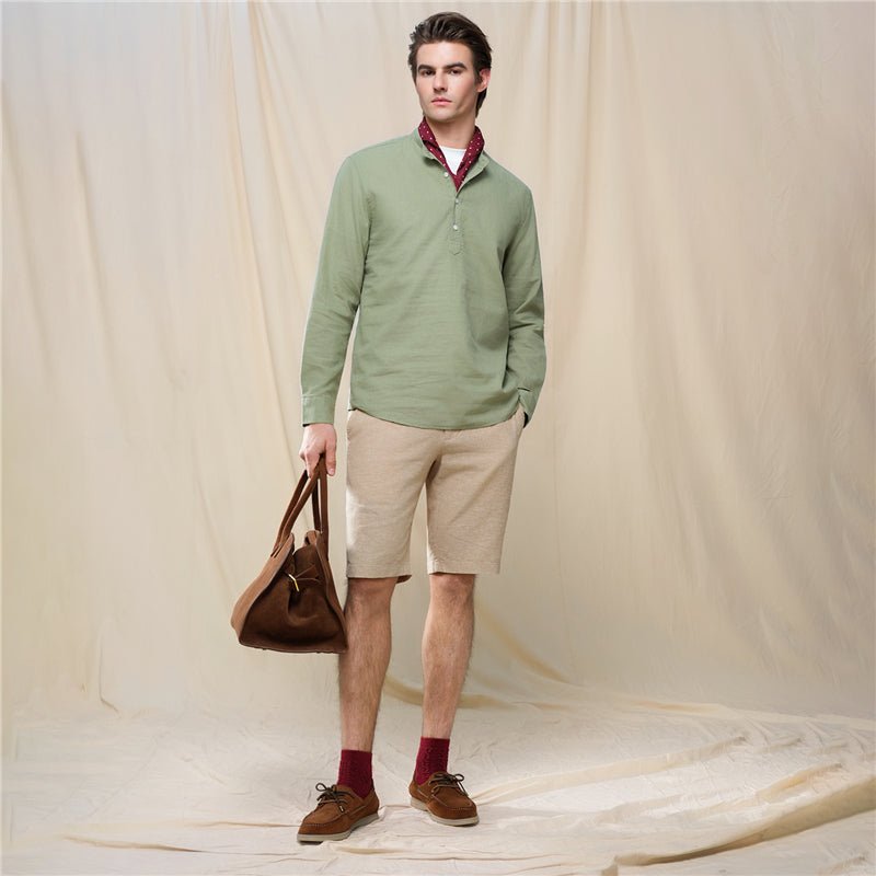 Giordano Men's Slim Linen Cotton Band Collar Shirt - Premium Shirts