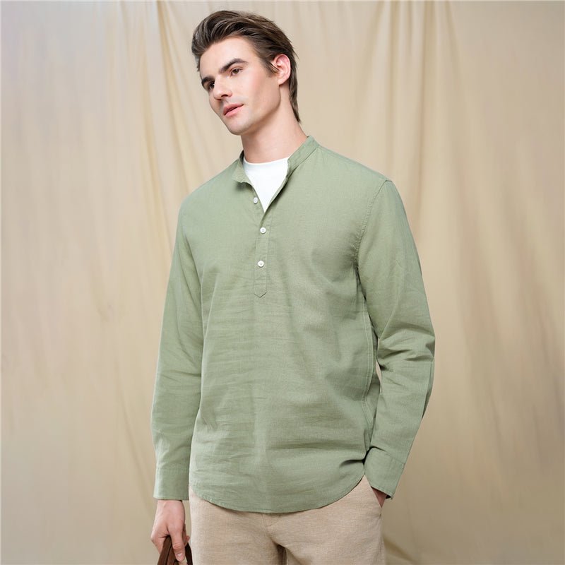 Giordano Men's Slim Linen Cotton Band Collar Shirt - Premium Shirts