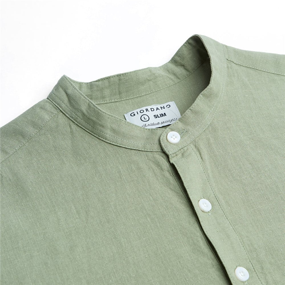 Giordano Men's Slim Linen Cotton Band Collar Shirt - Premium Shirts