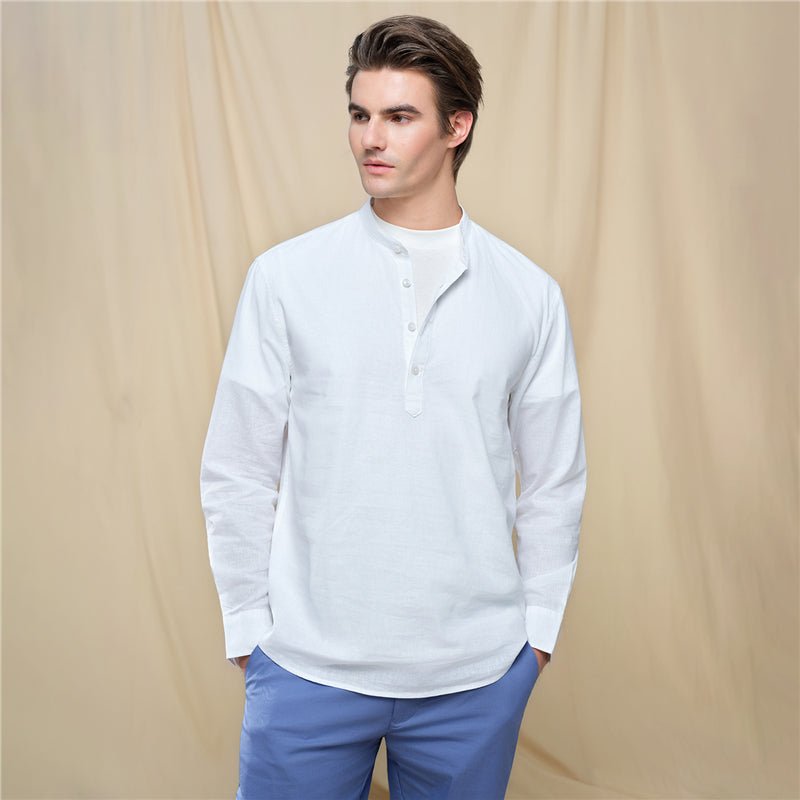 Giordano Men's Slim Linen Cotton Band Collar Shirt - Premium Shirts