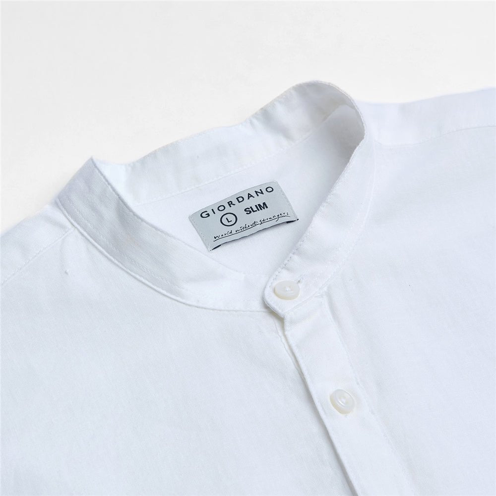 Giordano Men's Slim Linen Cotton Band Collar Shirt - Premium Shirts