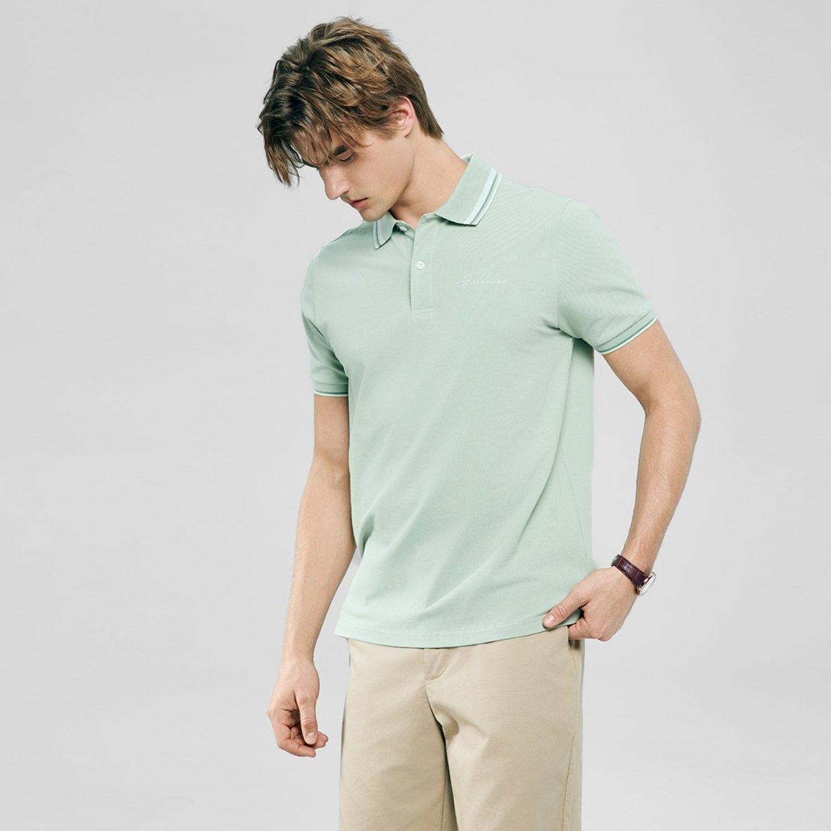 Giordano Men’s Slim Pique Polo with Contrast Collar & Signature Embroidery - Premium Polo