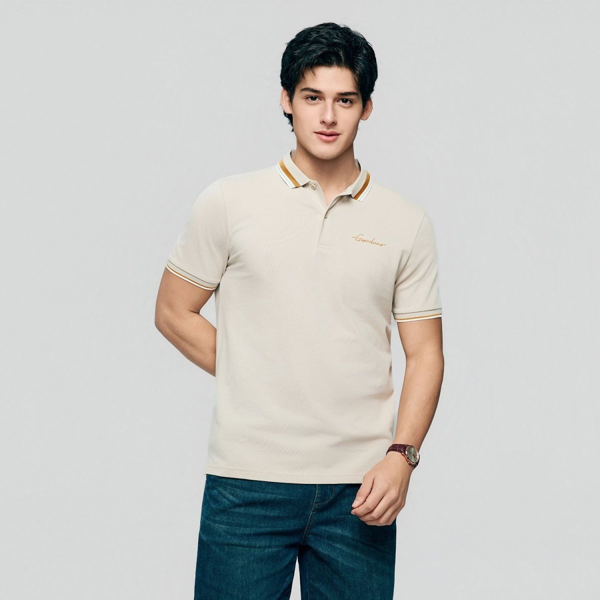 Giordano Men’s Slim Pique Polo with Contrast Collar & Signature Embroidery - Premium Polo