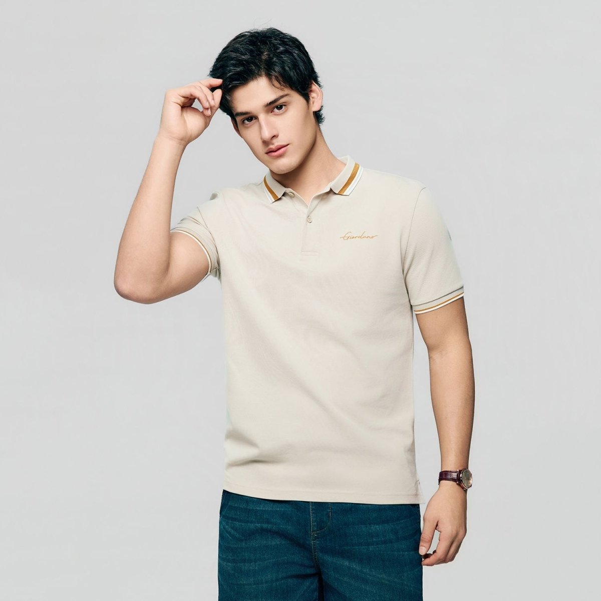 Giordano Men’s Slim Pique Polo with Contrast Collar & Signature Embroidery - Premium Polo