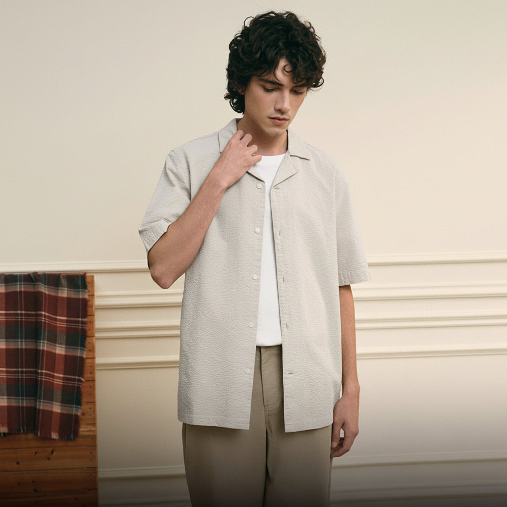 Giordano Men’s Slim Seersucker Short Sleeve Button Shirt - first_variant_option_2 Premium Shirt for Giordano