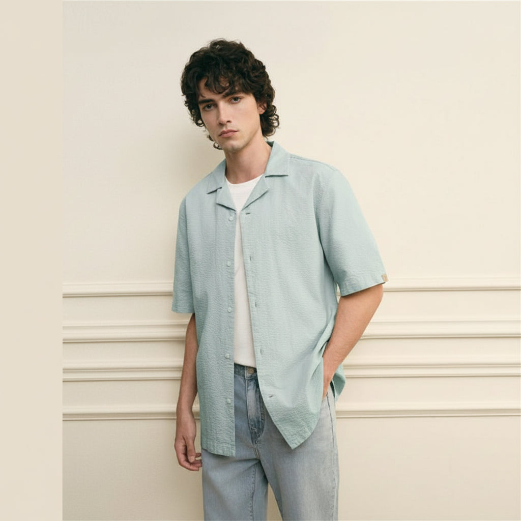 Giordano Men’s Slim Seersucker Short Sleeve Button Shirt - first_variant_option_2 Premium Shirt for Giordano