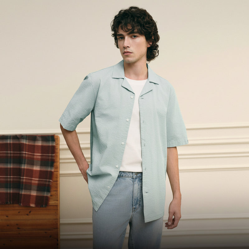 Giordano Men’s Slim Seersucker Short Sleeve Button Shirt - first_variant_option_2 Premium Shirt for Giordano