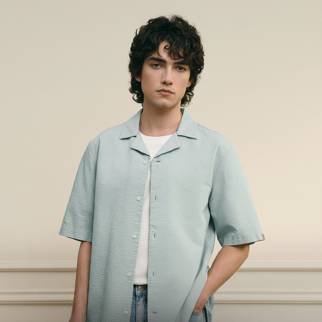 Giordano Men’s Slim Seersucker Short Sleeve Button Shirt - first_variant_option_2 Premium Shirt for Giordano