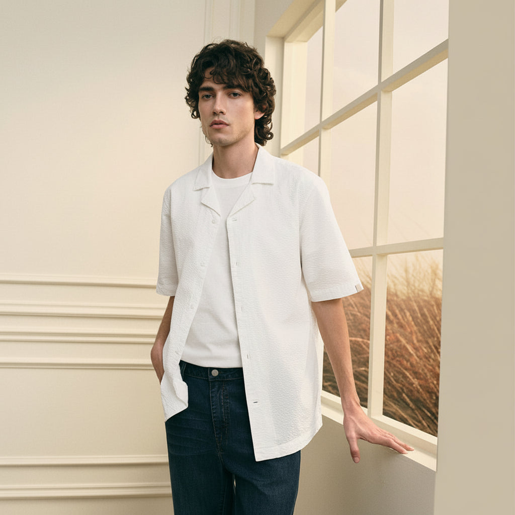 Giordano Men’s Slim Seersucker Short Sleeve Button Shirt - first_variant_option_2 Premium Shirt for Giordano