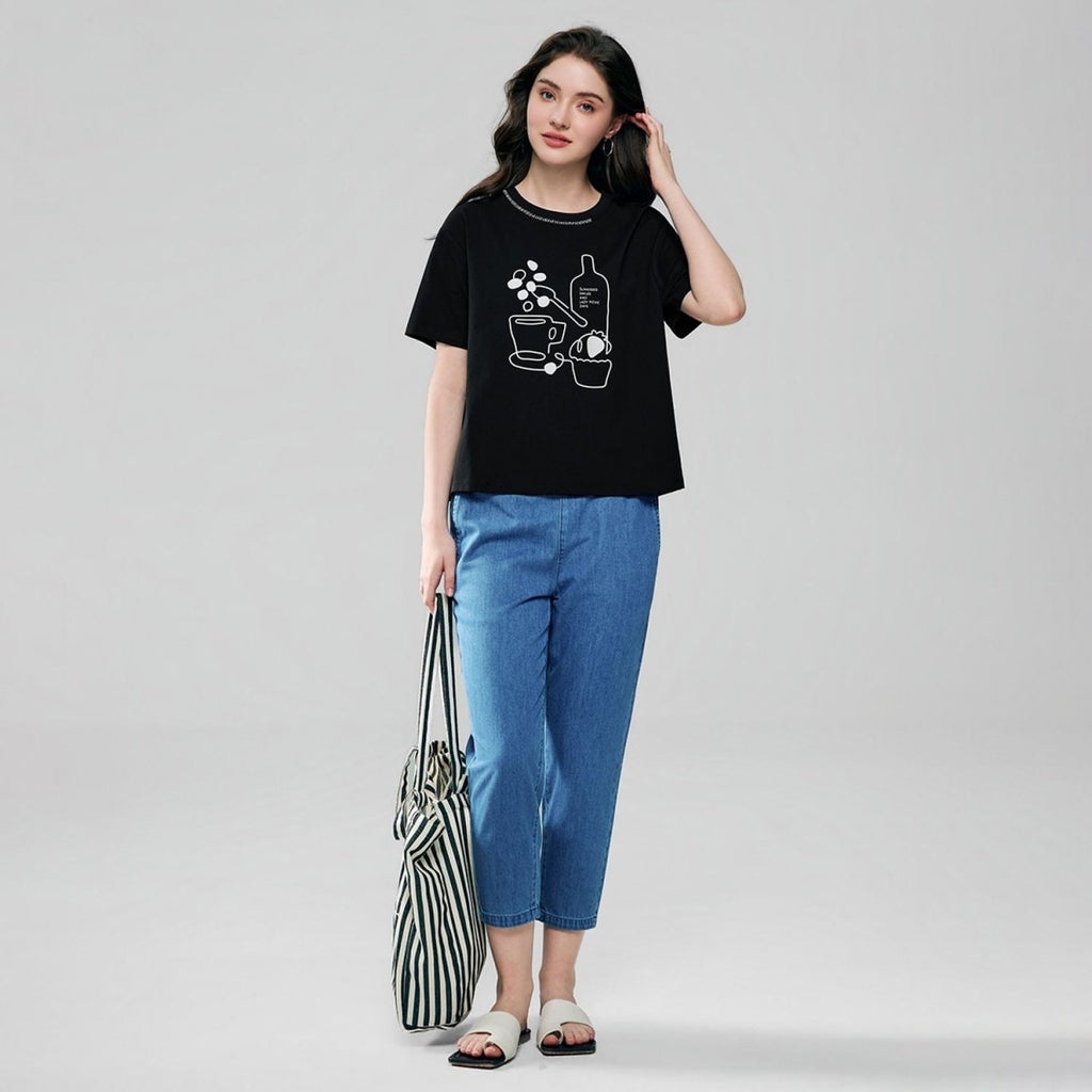 Giordano Women Boyfriend Cotton Print Crew Tee - Premium Print Tee