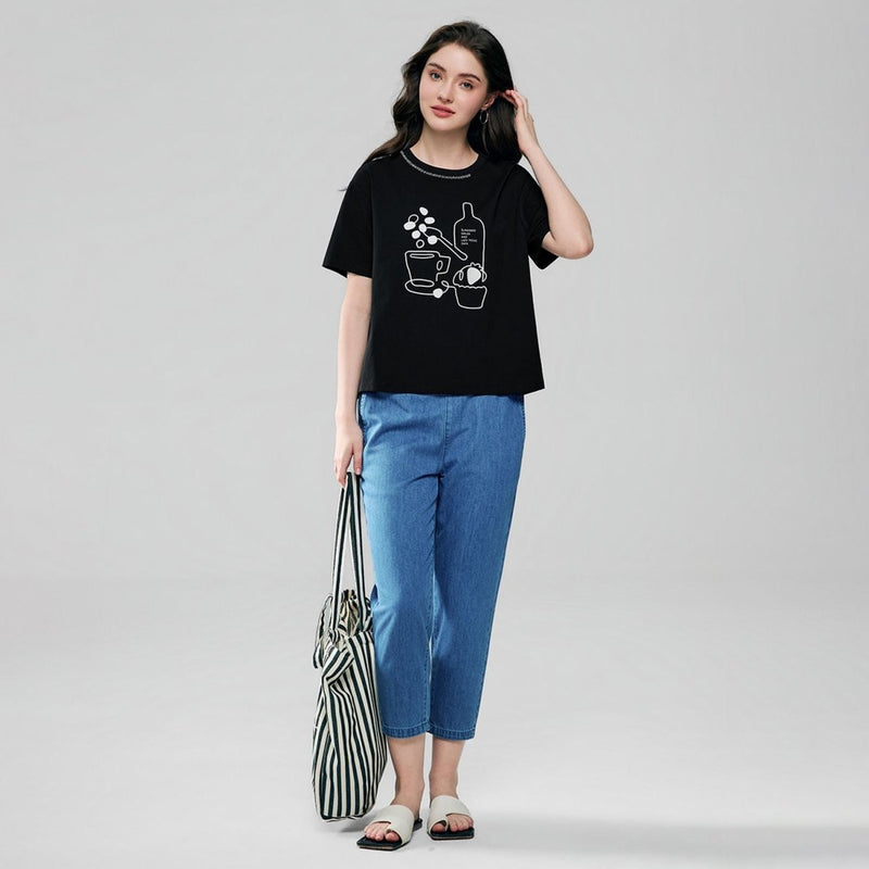Giordano Women Boyfriend Cotton Print Crew Tee - Premium Print Tee