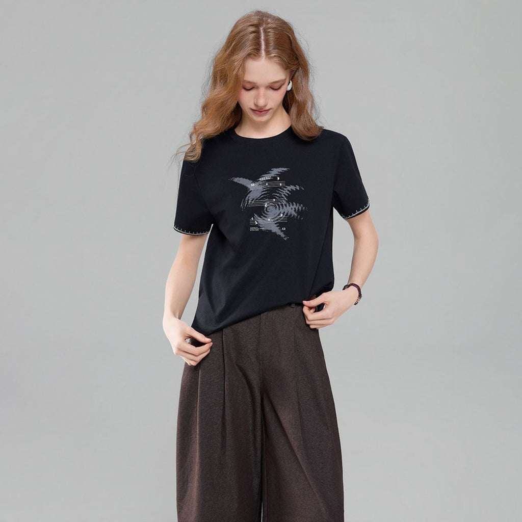 Giordano Women Boyfriend Fit Cotton Graphic Crew Tee - Premium Print Tee