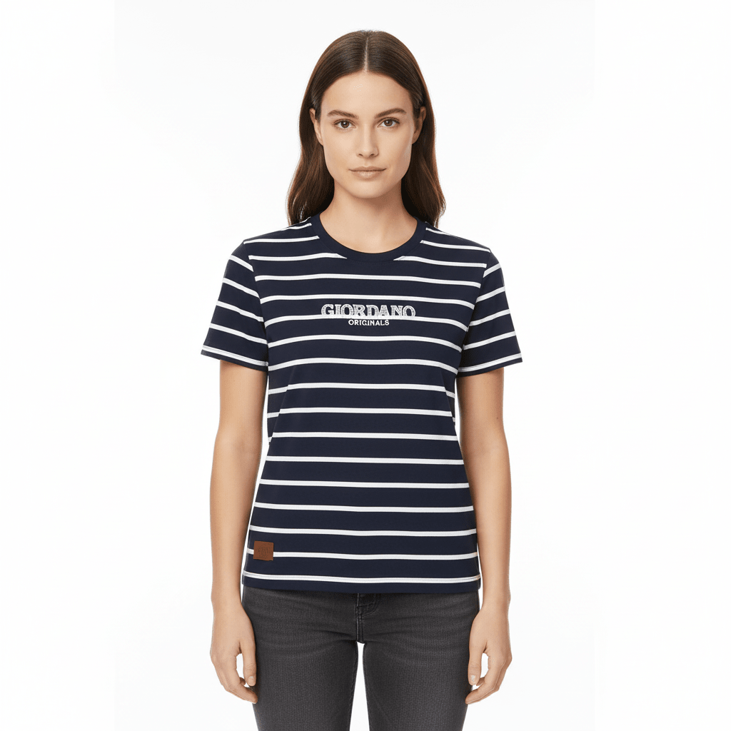 Giordano Women's Boyfriend Fit 90's Recall Striped Tee - first_variant_option_2 Premium Print Tee for Giordano