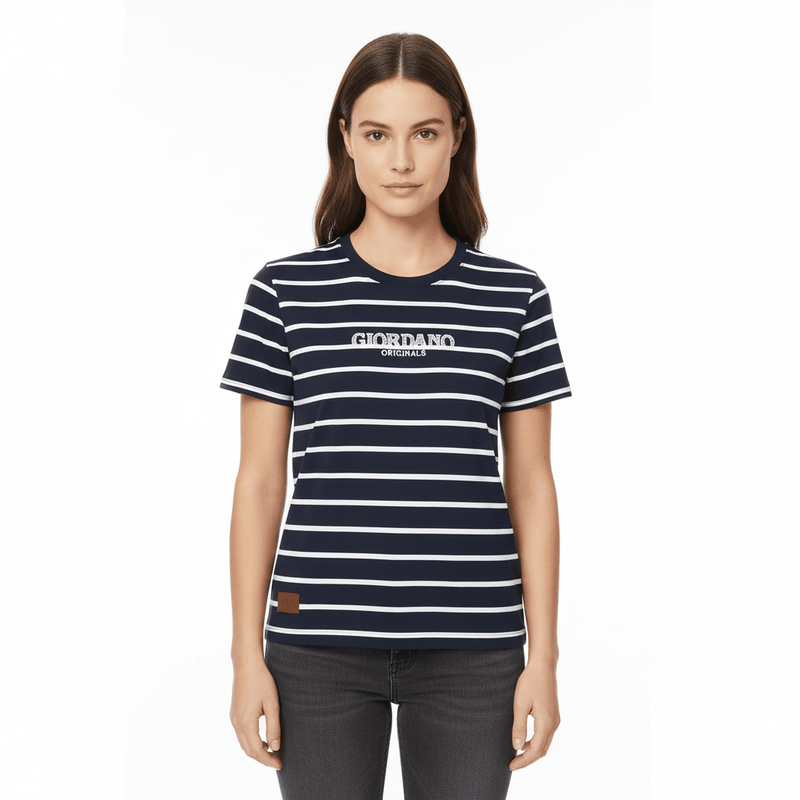 Giordano Women's Boyfriend Fit 90's Recall Striped Tee - first_variant_option_2 Premium Print Tee for Giordano