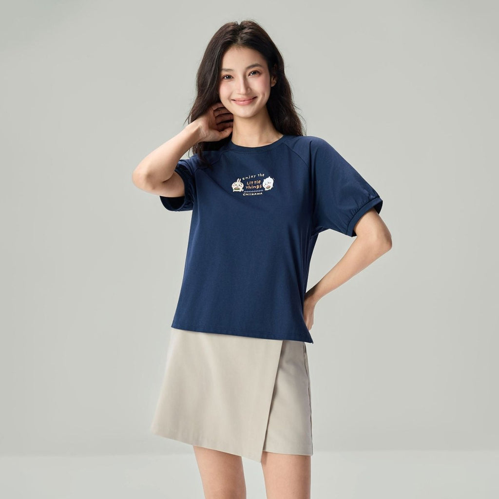 Giordano Women's Chiikawa Raglan Sleeve Navy Boyfriend Graphic Tee - Premium Print Tee