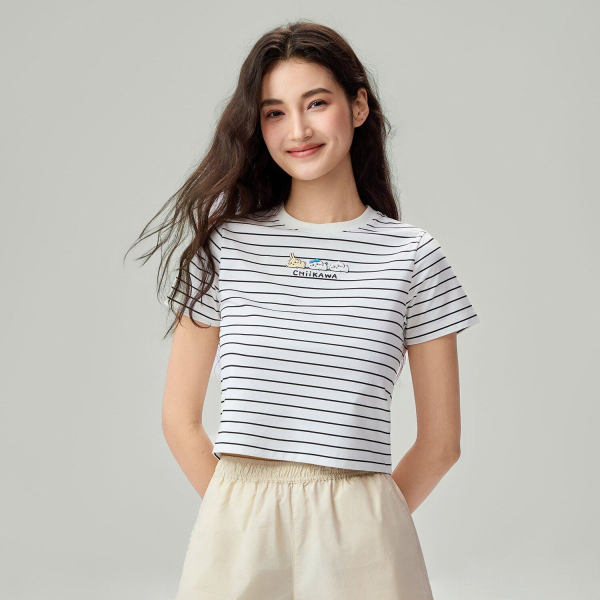Giordano Women's Chiikawa Striped Cropped Tee - Premium Print Tee