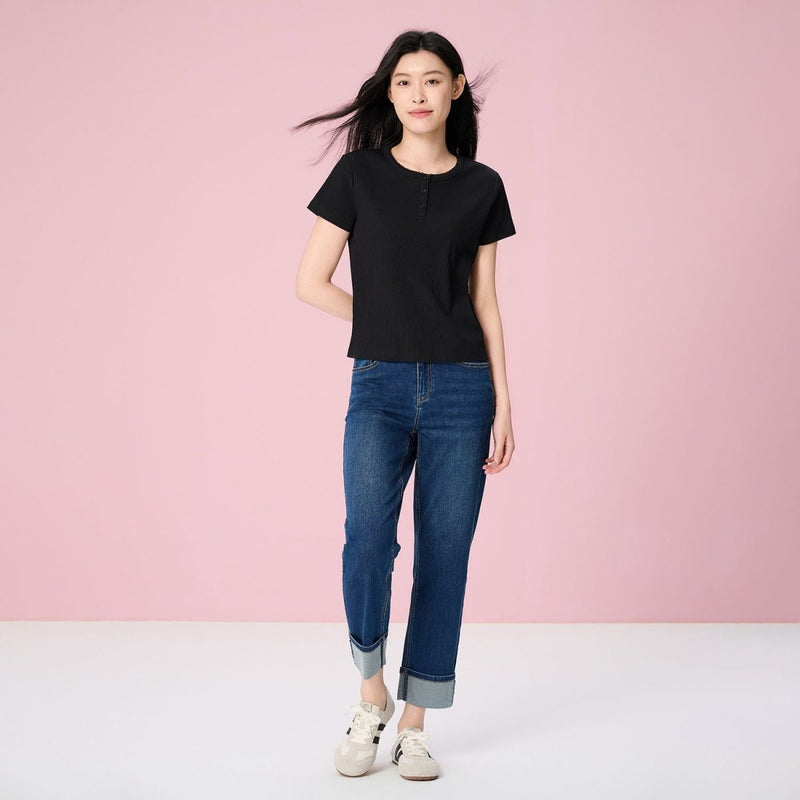 Giordano Women’s Comfort Fit Jacquard Henley - first_variant_option_2 Premium Tee for Giordano