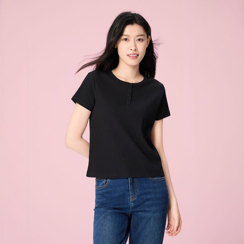 Giordano Women’s Comfort Fit Jacquard Henley - first_variant_option_2 Premium Tee for Giordano