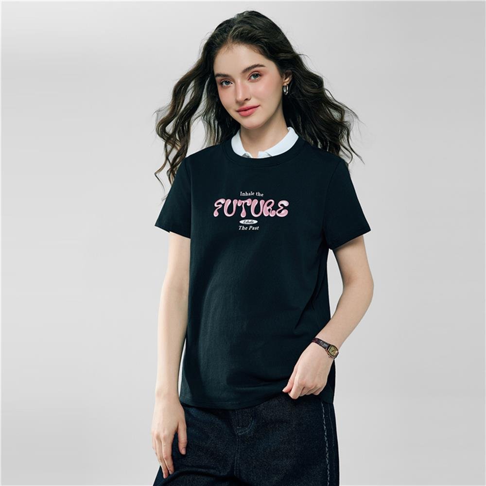 Giordano Women’s Cotton Crew Neck Printed Comfort Tee - first_variant_option_2 Premium Print Tee for Giordano