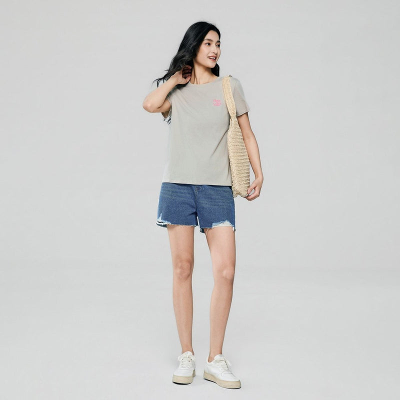 Giordano Women’s Cotton Crew Neck Printed Comfort Tee - Premium Print Tee