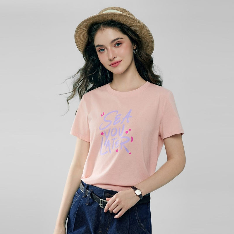 Giordano Women’s Cotton Crew Neck Printed Comfort Tee - Premium Print Tee