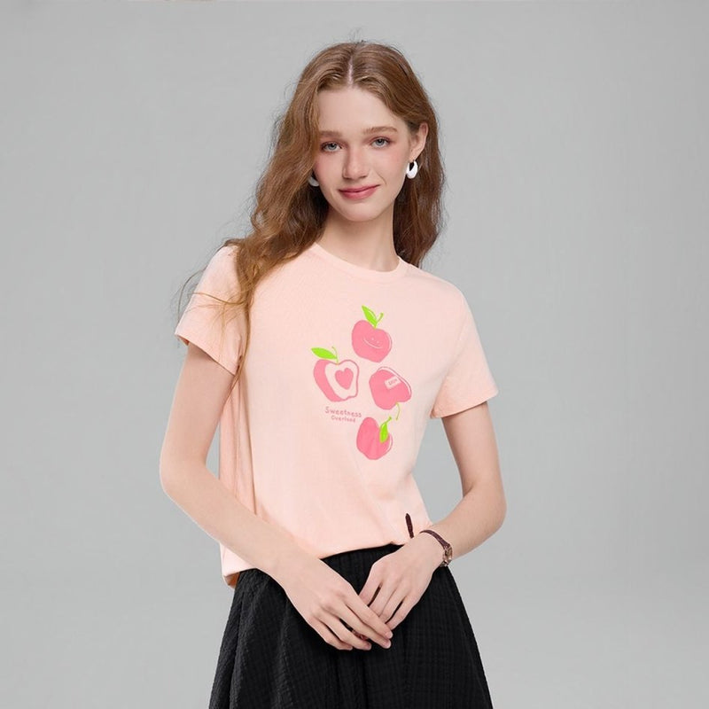 Giordano Women’s Cotton Crew Neck Printed Comfort Tee - Premium Print Tee