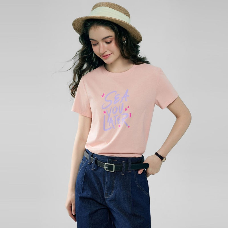 Giordano Women’s Cotton Crew Neck Printed Comfort Tee - Premium Print Tee