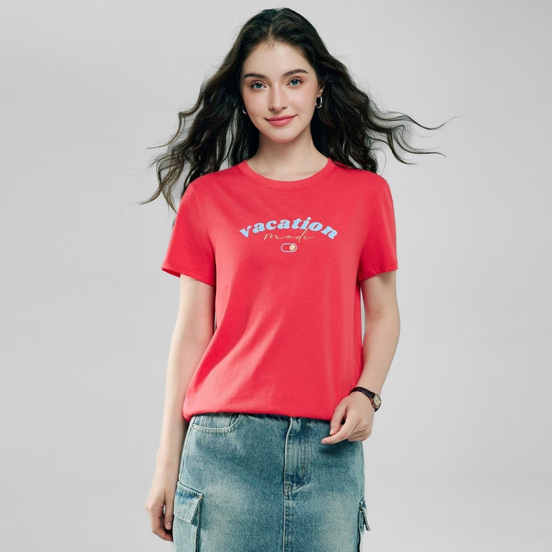 Giordano Women’s Cotton Crew Neck Printed Comfort Tee - Premium Print Tee