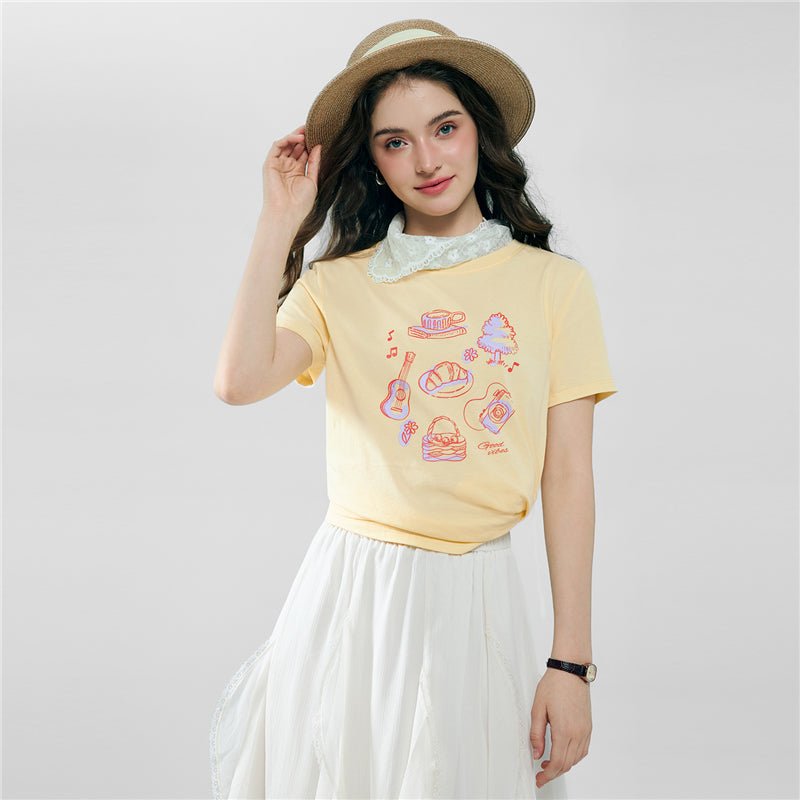 Giordano Women’s Cotton Crew Neck Printed Comfort Tee - first_variant_option_2 Premium Print Tee for Giordano