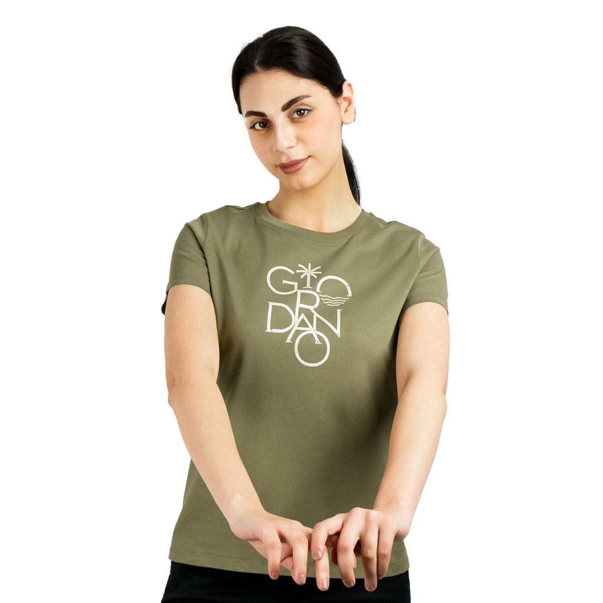 Giordano Women's Cotton Jersey Crewneck Short-Sleeve Comfort Fit Signature Print Tee - Premium Print Tee