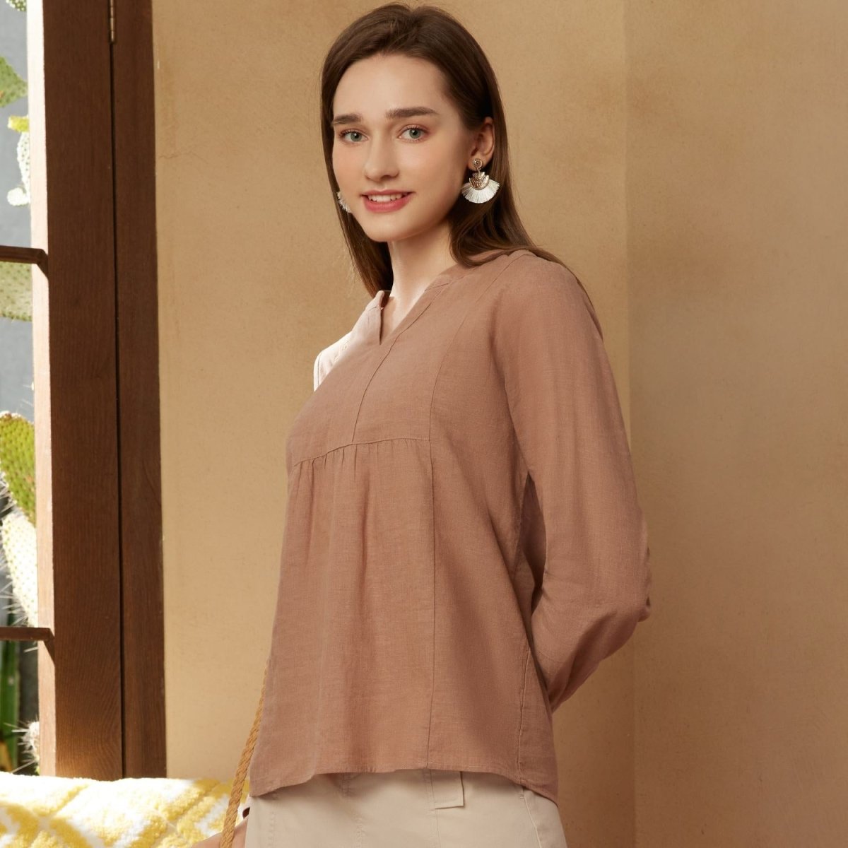 Giordano Women's Linen Cotton Poplin Mock Neck Boyfriend Fit Shirt - Premium Shirts
