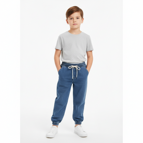 Kids' 100% Cotton Denim Joggers - Elastic Waist, Comfortable