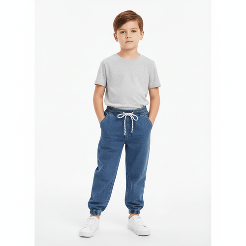 Kids' 100% Cotton Denim Joggers - Elastic Waist, Comfortable 4 Y - Shop Giordano