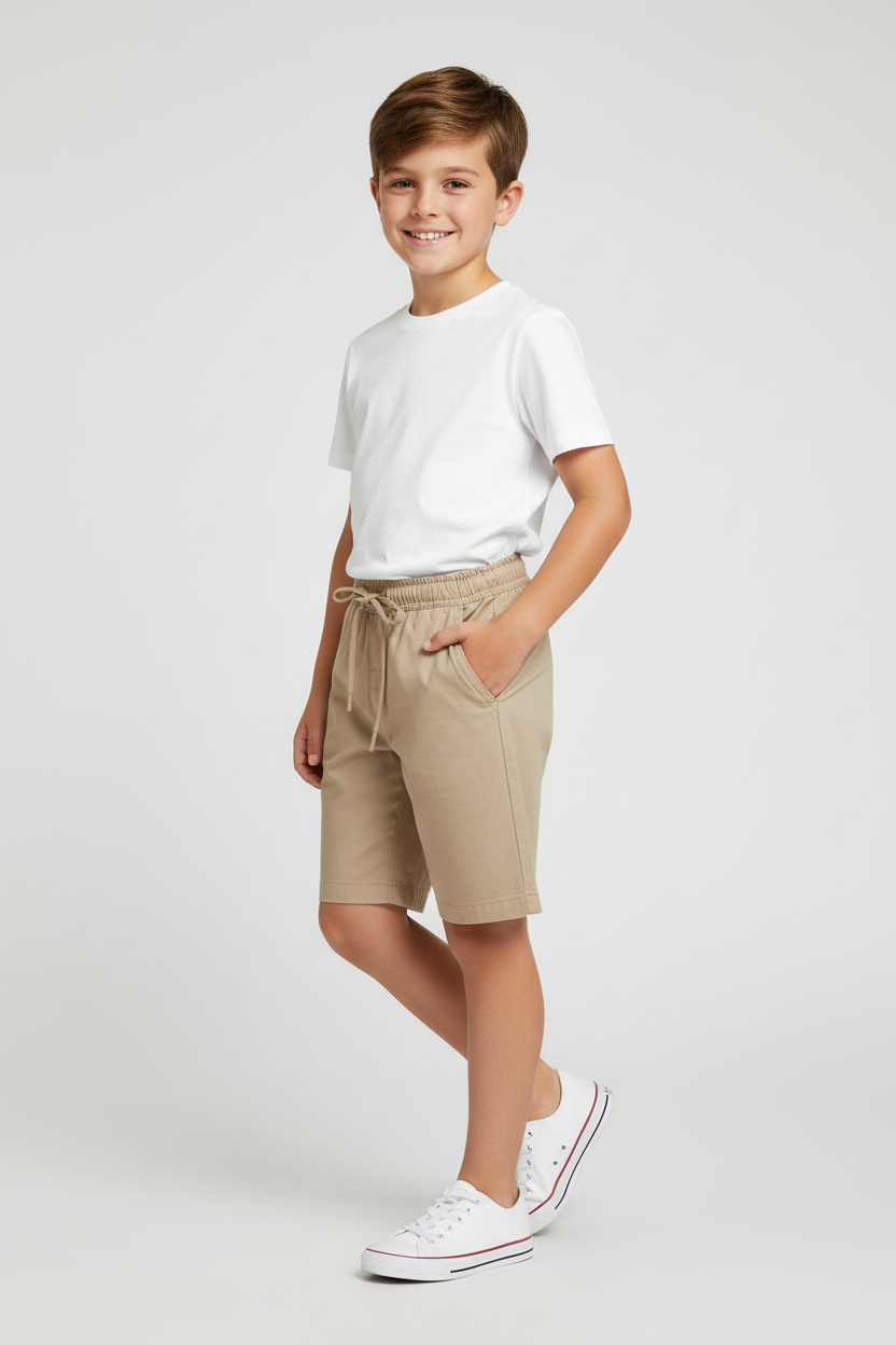 Kid's Cotton Twill Drawstring Shorts With Elastic Waist