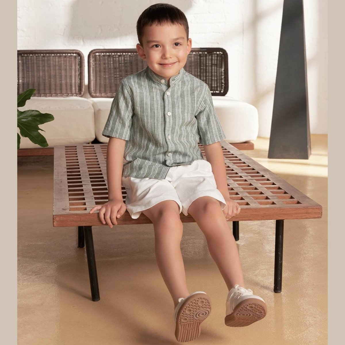 Kids Linen Cotton Band Collar Shirt - Giordano