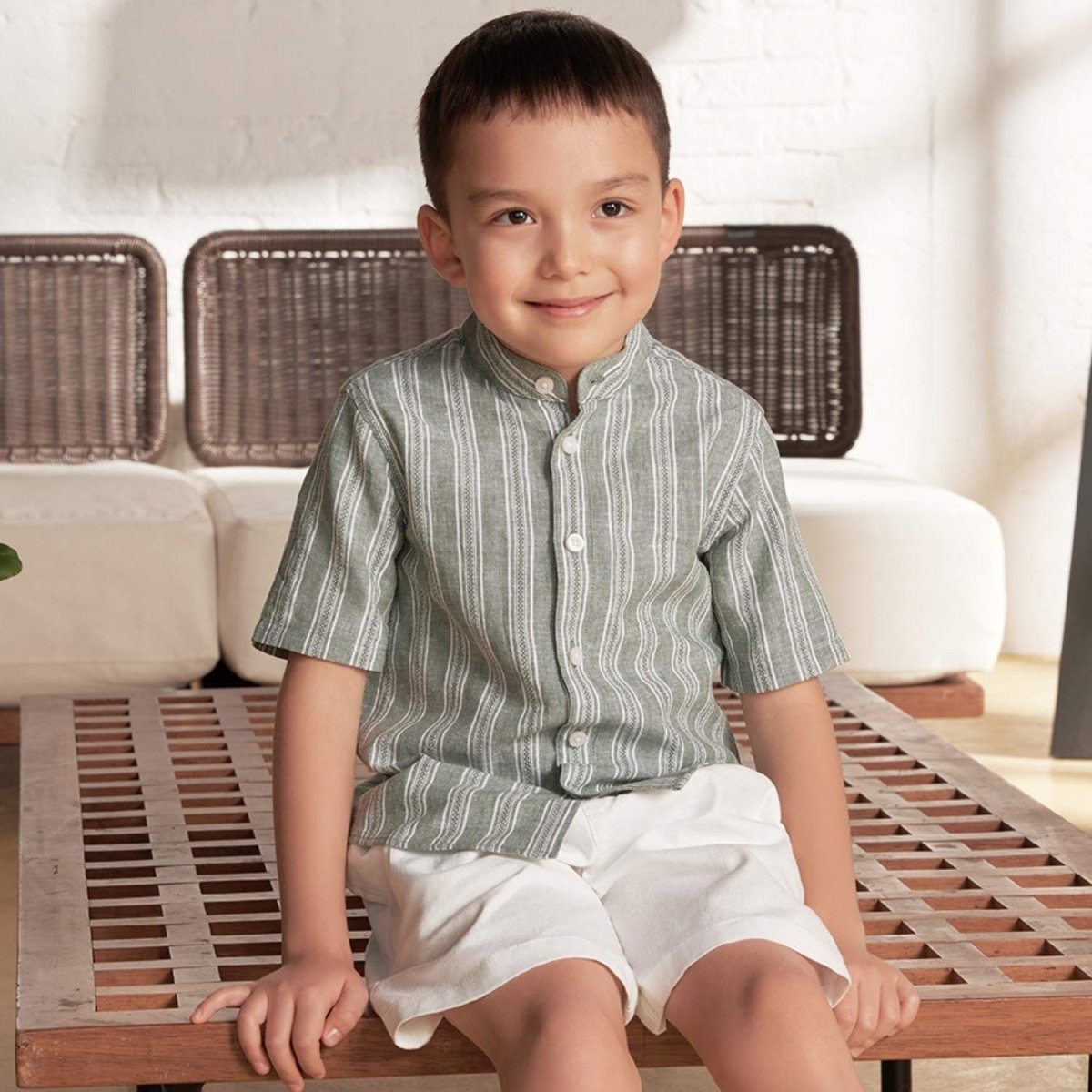 Kids Linen Cotton Band Collar Shirt - Giordano
