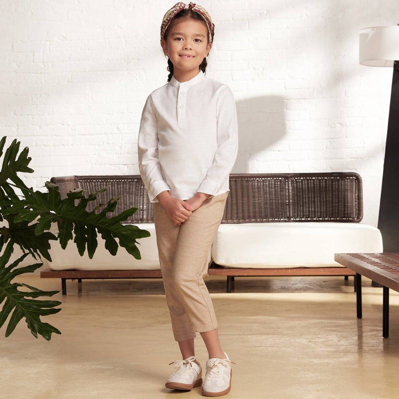 Kids Linen - Cotton Band Collar Shirt - Long Sleeve, Garment Wash 4 - 5 Y - Shop Giordano