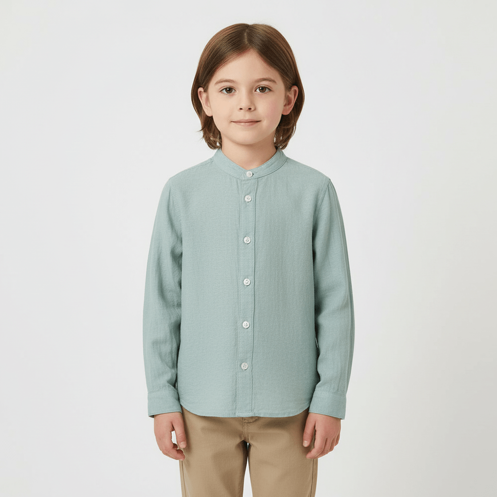 Kids Linen - Cotton Band Collar Shirt - Long Sleeve, Garment Wash 4 - 5 Y - Shop Giordano