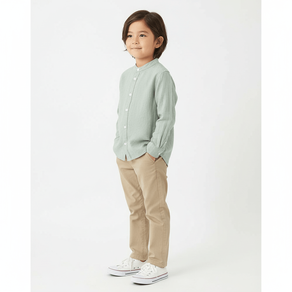 Kids Linen - Cotton Band Collar Shirt - Long Sleeve, Garment Wash 4 - 5 Y - Shop Giordano