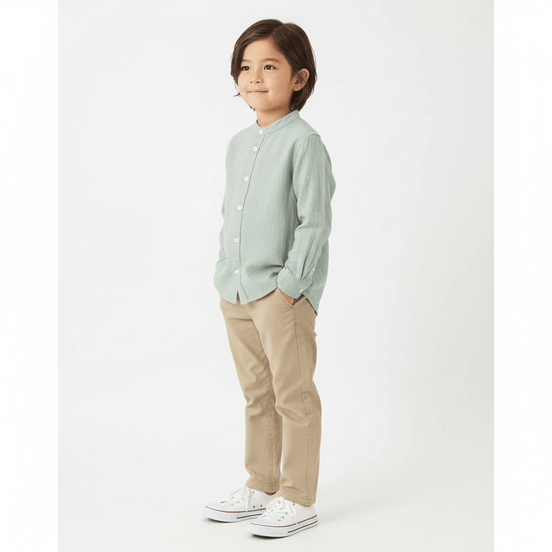 Kids Linen - Cotton Band Collar Shirt - Long Sleeve, Garment Wash 4 - 5 Y - Shop Giordano