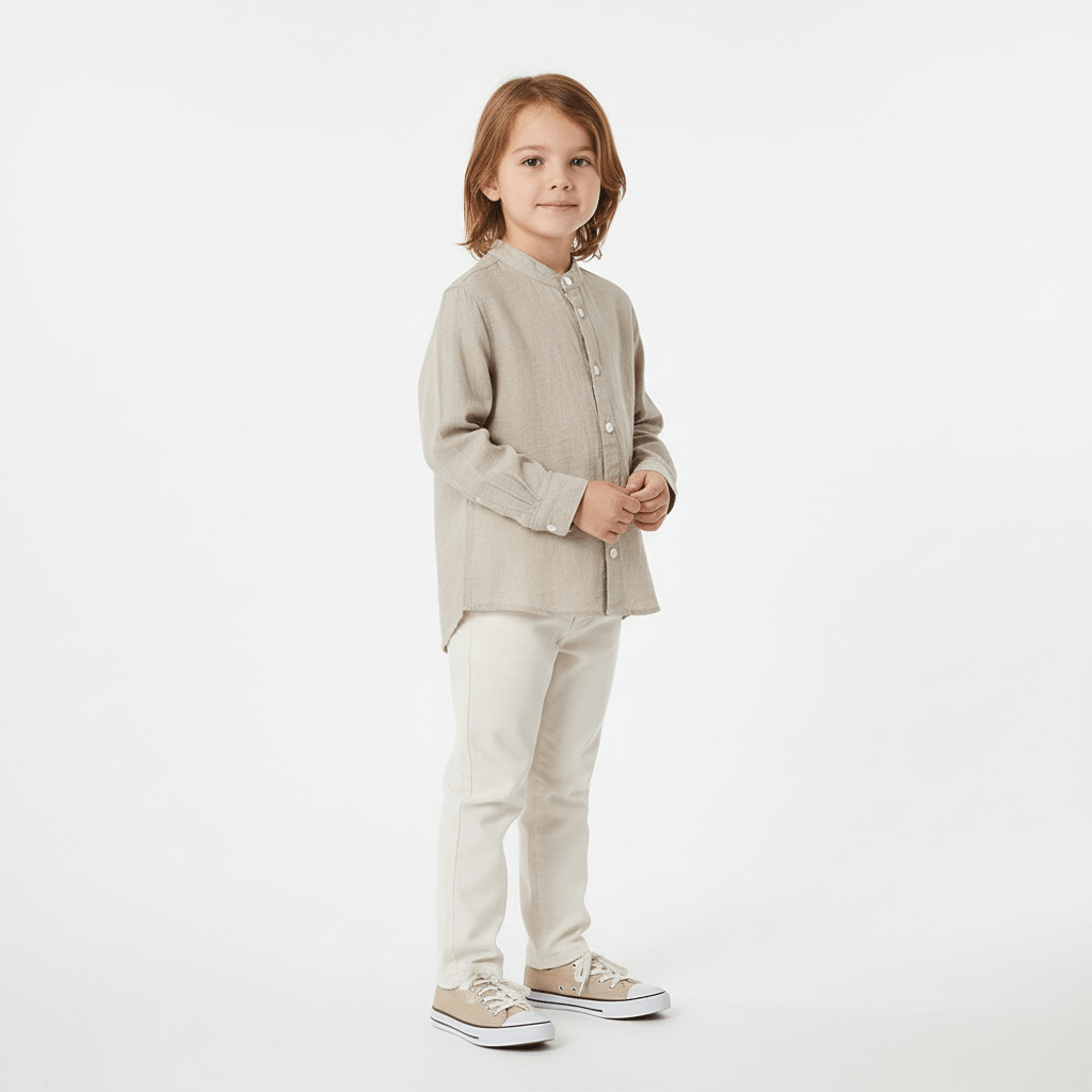 Kids Linen - Cotton Band Collar Shirt - Long Sleeve, Garment Wash 4 - 5 Y - Shop Giordano