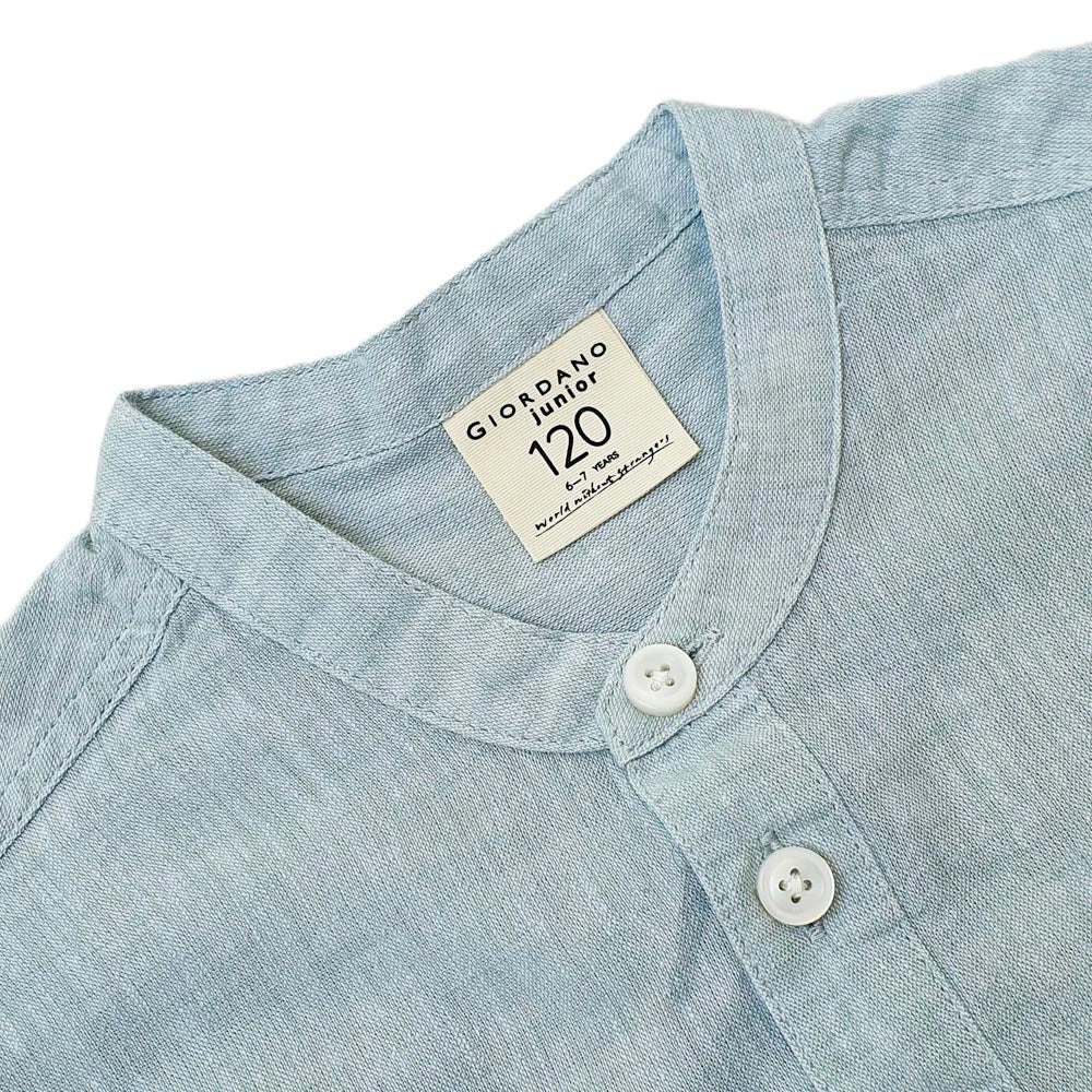 Kids Linen - Cotton Band Collar Shirt - Long Sleeve, Garment Wash - Giordano