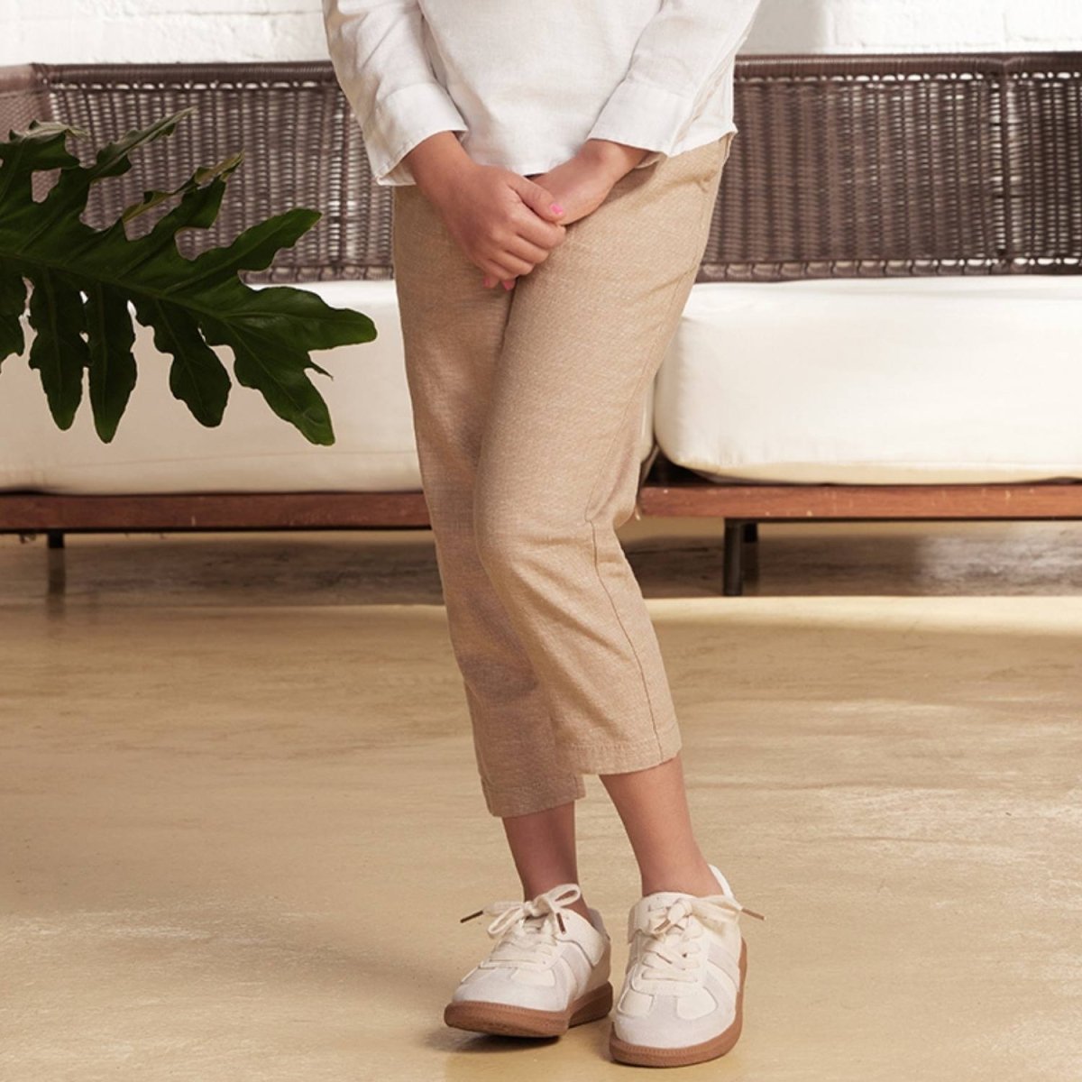 Kids Linen Cotton Capri Pants: Elastic Waist, Tapered Fit - Giordano